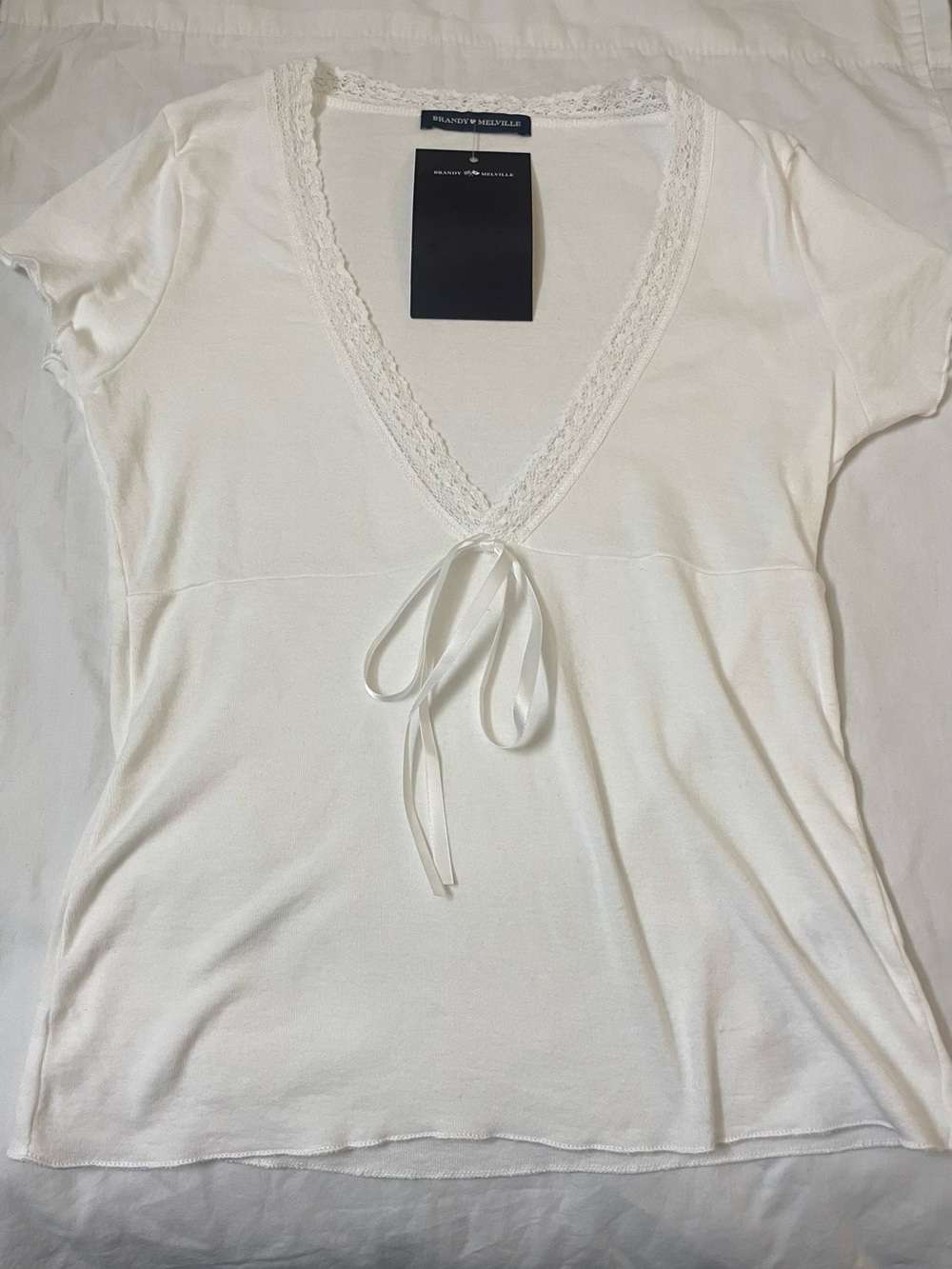 Brandy Melville White Lace-Trim V-Neck Tie Front Top